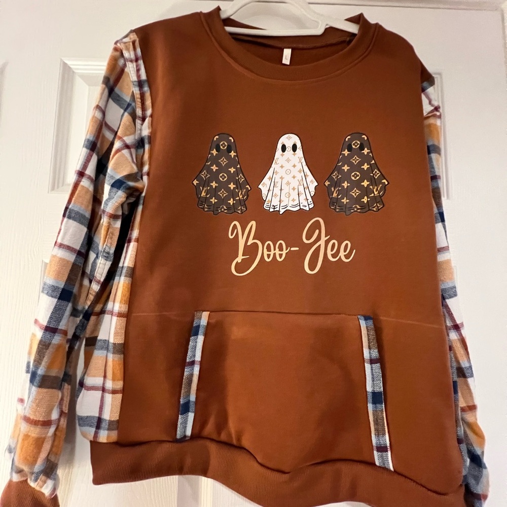 Brown Plaid Sleeve Boo-Jee Sweatshirt